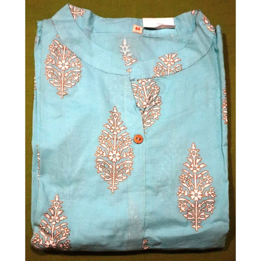 Turquoise Heavy Designer Pure Cotton With Foil Print Kurti Set For Women