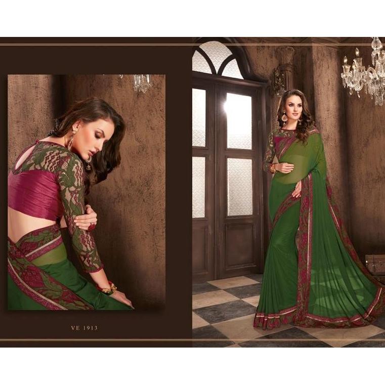 Army Green Embroidered Designer Georgette Saree With Blouse For Women