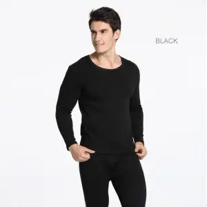 Men Seamless Elastic Warm Velvet Inner Wear Thermals Underwear Pajama Set- Black