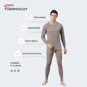 Rupa Thermacot Round Neck Full Sleeve Brown Thermal Top and Bottom Set For Men | Thermal Wear For Men