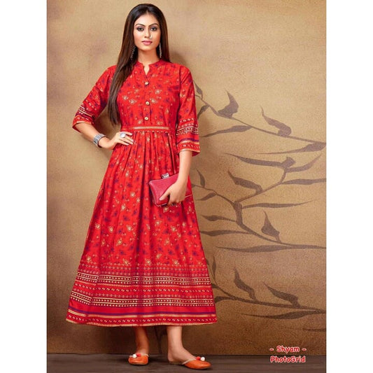 Red Color New Super Beautiful 14KG Reyon With Gold Foil Print Gown For Women