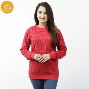 Creative Touch Red Printed Cotton Fleece Sweatshirt For Women MTP3060