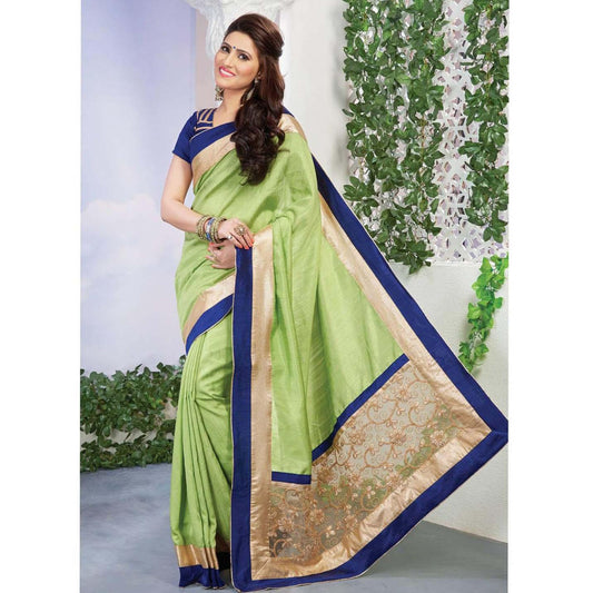 Golden/ Light Green Embroidered Designer Poly Dupion Silk Saree With Blouse For Women