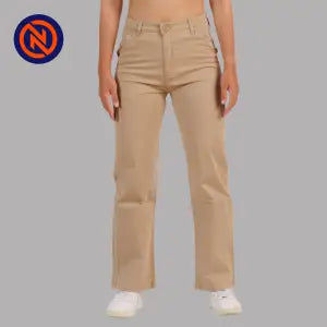 Nepster Khaki High Rise Stretchable Premium Straight Cotton Pants For Women