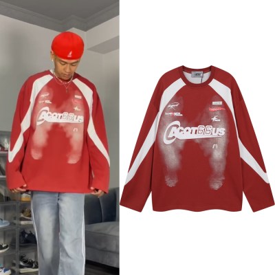 0157# Acqt 66 Us Vintage Washed Over Size Racing Sweatshirt " Red "