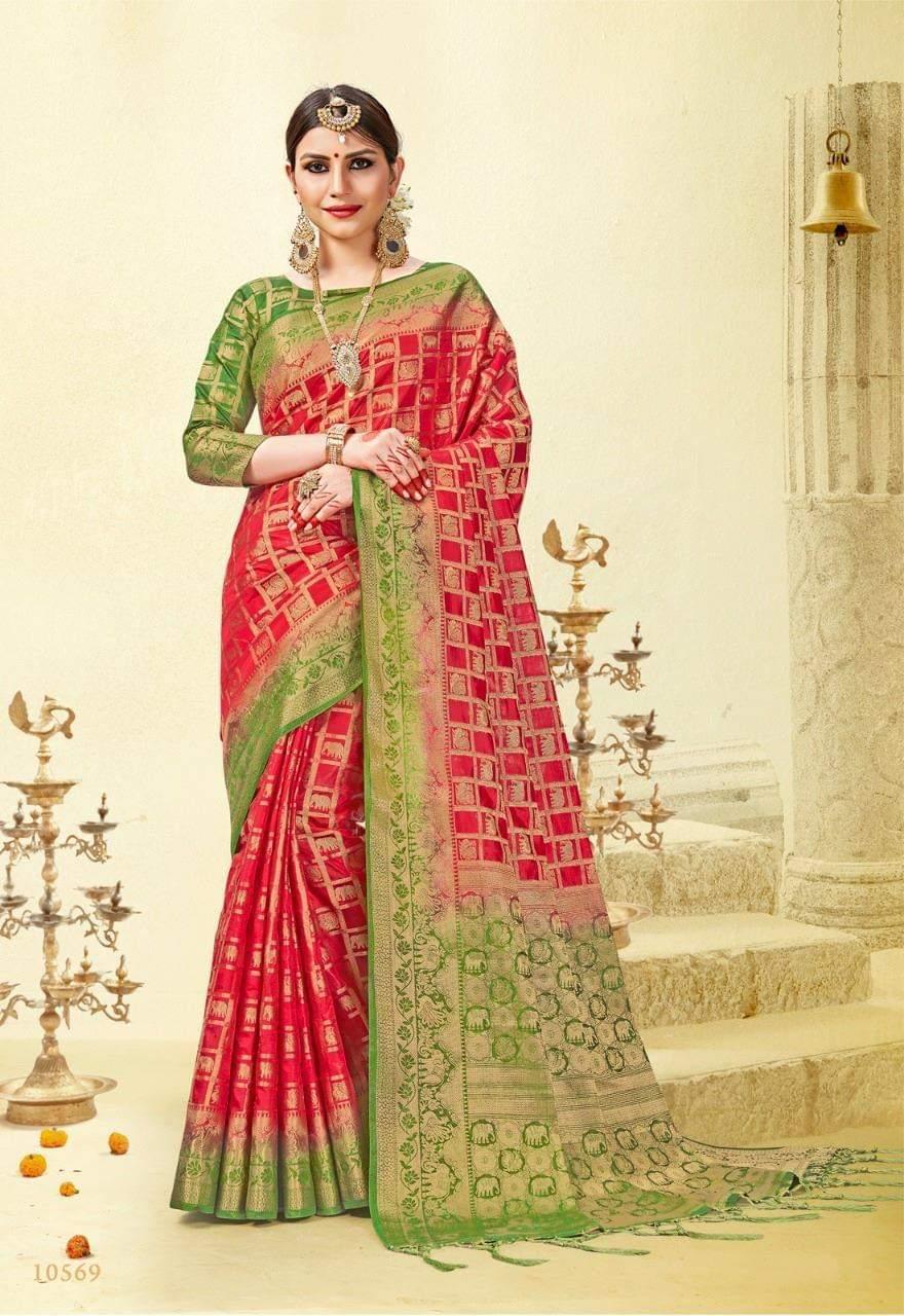 Red & Green Designer Embroidered Raw Silk Saree For Women