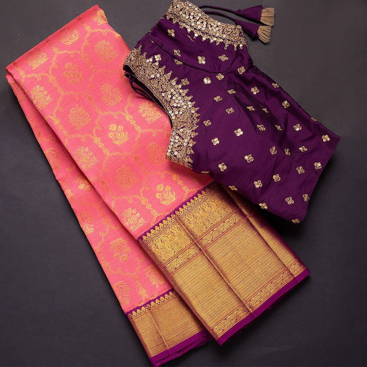 Peach Color Beautiful Rich Pallu & Jacquard Work On All Over The Saree With Readymade Blouse