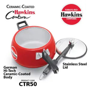 Hawkins CTR50 5.0 ltrs Ceramic-Coated Contura Pressure Cooker - Tomato Red
