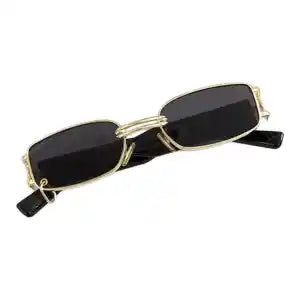 Golden Metal Thin Square Retro Trendy Sunglasses For Men - Black Lens | Fashion Polycarbonate Frame Sunglasses For Men