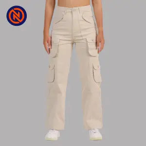 Nepster Light Cream High Rise Premium Straight Cotton Cargo Box Pants For Women
