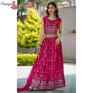 Aamayra Fashion House Dark Pink Sleeveless Choli With Skirt And Shawl Set For Women