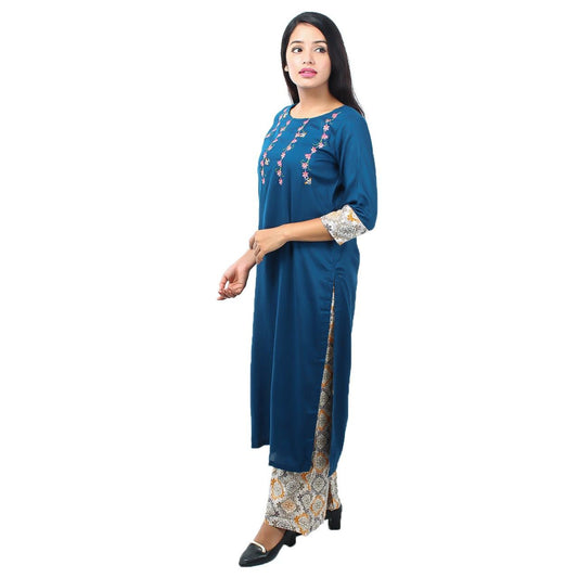 Blue Pure Rayon Top With Plazo Ready Made Printed Kurti For Women