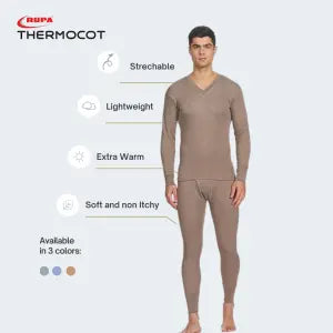 Rupa Thermacot V Neck Full Sleeve Brown Thermal Top and Bottom Set For Men | Thermal Wear For Men