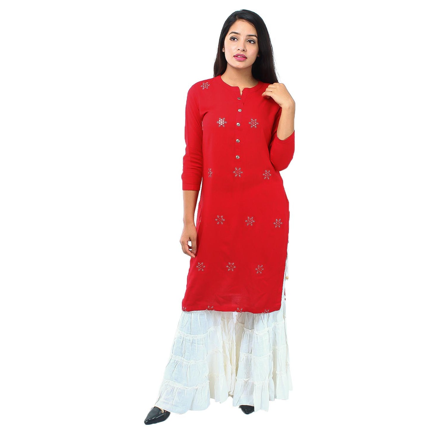 Red & White Pure Rayon Top With Gharara Ready Made Printed Kurti For Women