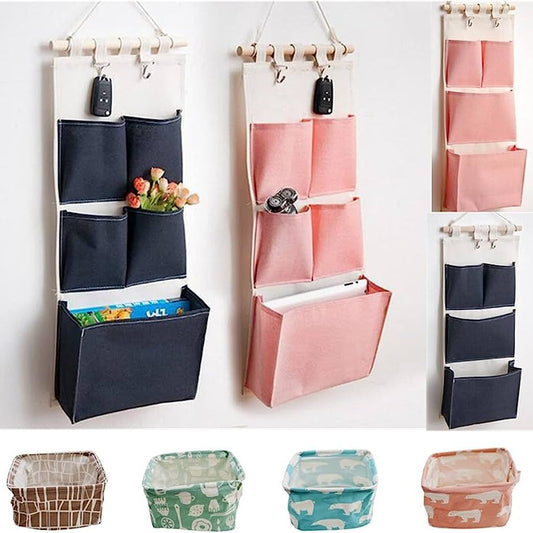 Canvas Printing Cotton Linen Hanging Storage Bag 5 Pockets Wall Mounted Wardrobe Hang Bag Wall Pouch Cosmetic Toys Organizer