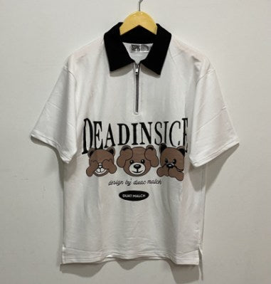 Teddy Printed Collar Neck Zip T-shirt " White "