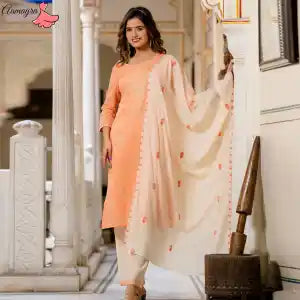 Aamayra Fashion House Dark Orange Straight Kurti With Off-White Pant And Shawl Set For Women