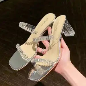 Transparent Two Lines With Stones Block Heel Slip On Party Wear Sandals For Women 666