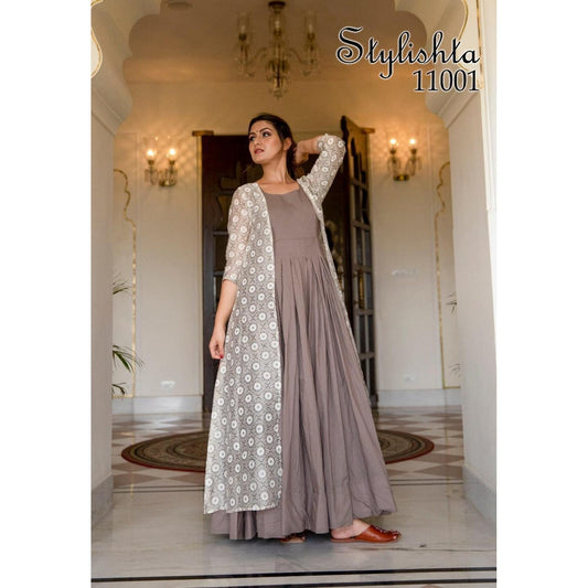 Grey Color Heavy Designer Jacket / Shrug Gown Pure Chanderi Silk With Digital Printed Work For Women