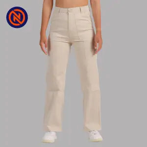 Nepster Light Cream High Rise Stretchable Fancy Straight Cotton Pants For Women