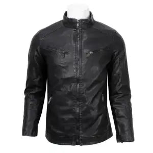 Zipped Double Pocket Faux Leather Biker Jacket For Men - Warm Fleece Inside