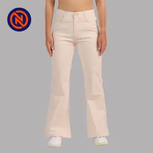 Nepster Cream High Rise Stretchable Fancy Cotton Belly Pants For Women