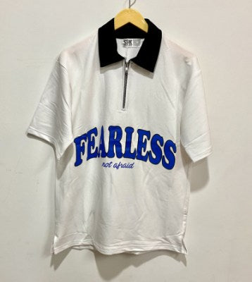 Fearless Printed Collar Neck Zip T-shirt " White "