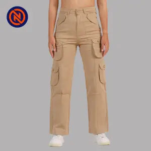 Nepster Khaki High Rise Premium Straight Cotton Cargo Box Pants For Women