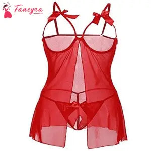 Fancyra Women'S Plain Above Knee Baby Doll With G-String Panty Free Size Red Color