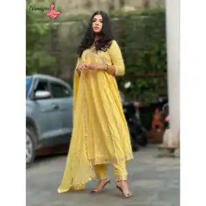 Aamayra Fashion House Light Yellow Aliya Cut Umbrella With Pant And Shawl Set For Women