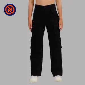 Nepster Black High Rise Premium Straight Cotton Cargo Box Pants For Women