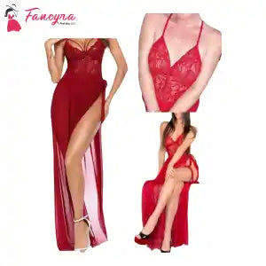Fancyra Lingerie Lace Babydoll High Split Maxi Long Gown V Neck Mesh Sleepwear For Women Free Size