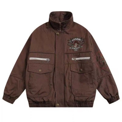 6703# Logo Embroidery Side Zipper Front Pocket Over Size Jacket " Brown "
