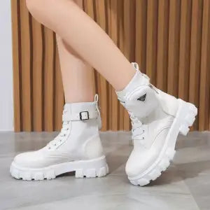 2023 New Thick-Soled Leather Boots Casual Boots Fashion Lace-Up High Boots Nylon Pouch Booties