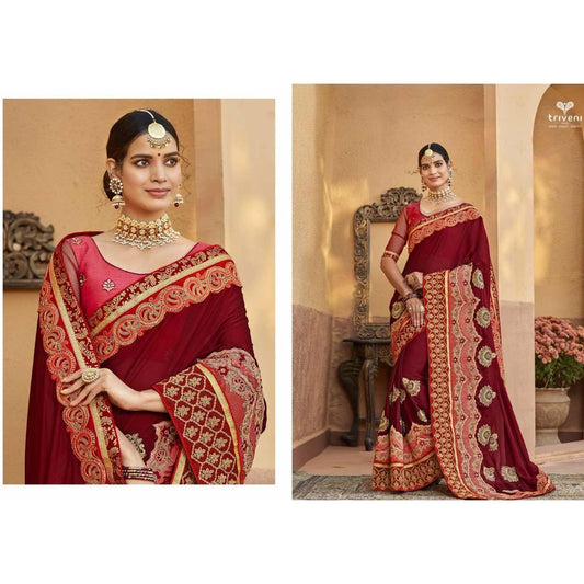 Maroon Embroidered Designer Georgette Saree With Blouse For Women