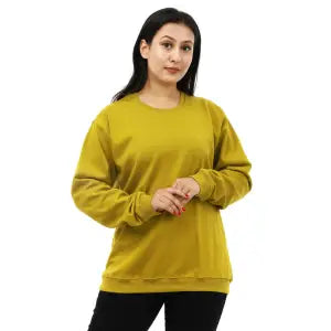 Greenish Yellow Cotton Round Neck Full Sleeve Sweatshirt For Women