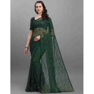 Embellished Bollywood Net, Brasso Saree (Green)