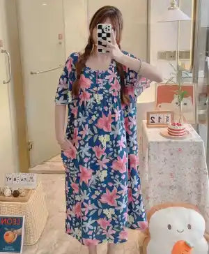 Butterfly Cotton Maxi Summer Casual Home Dress Gown V-Neck Nightgown