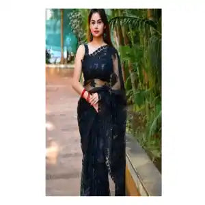 Embroidered Net Saree For Women ( Black)