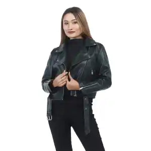 Black Color Leather Front/Side Zipper Belt Design Full Sleeves Jacket For Women