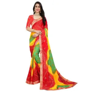 Bandhani Georgette Multicolor Lace Border saree With Matching Blouse For Women | Saree For Women | Traditional Wear For Women