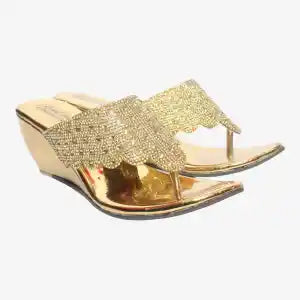 Golden Open Toe Square Heeled Sandals For Women