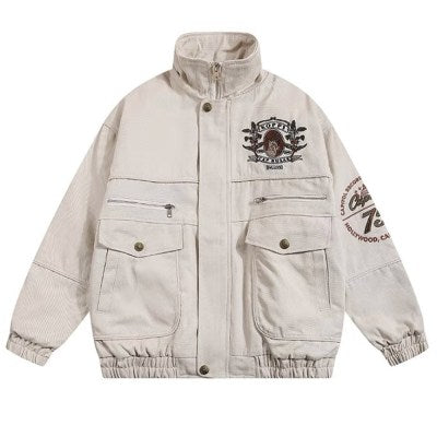 6703# Logo Embroidery Side Zipper Front Pocket Over Size Jacket " Cream "
