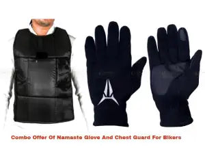 Winter Combo Offer Of Namaste Water Repellent Windproof Touchscreen Glove And Black Solid Chest Guard For Bike Riders