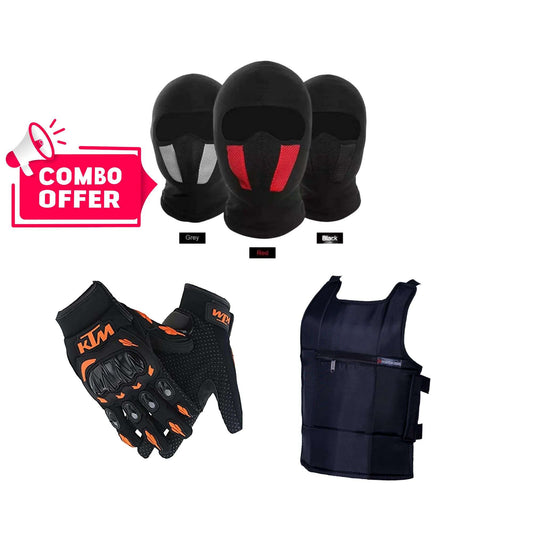 3in 1 Rider's Combo Offer, KTM Gloves + M1 Full Ninja Mask + Windproof Chest Guard