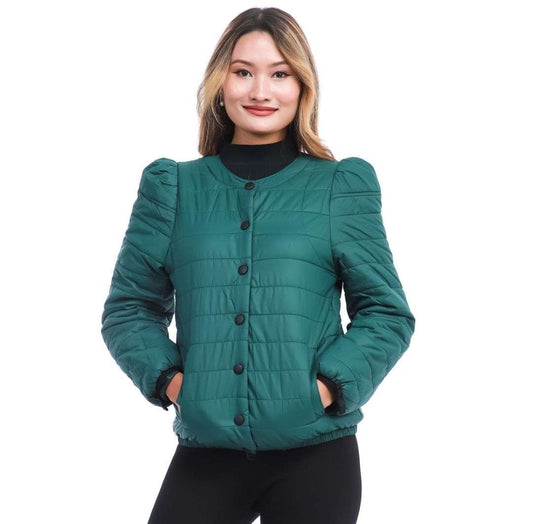 Green Colour Front Button Design Side Pocket Down Jacket For Women