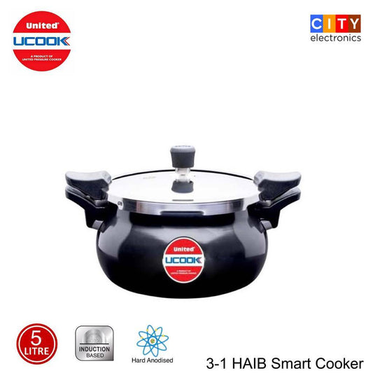 UNITED 3 In 1 HAIB Smart Cooker - 5 Ltrs Hard Anodised Induction Based ( Cooker + Strainer + Server )