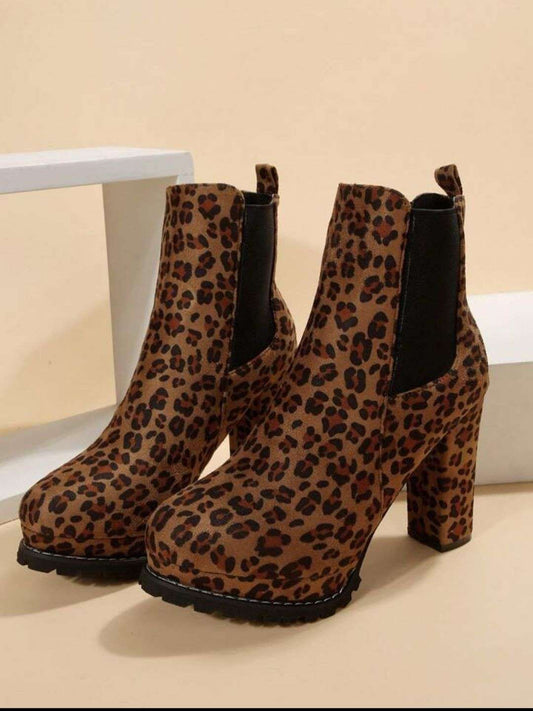 Leopard Chunky Heel Waterproof Platform Chelsea Short Boots For Women
