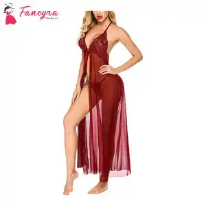 Fancyra Women Sexy Lingerie Lace Babydoll High Split Maxi Long Gown Nightdress With G String Panty Free Size Wine Red Color
