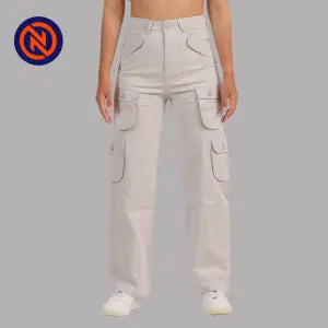 Nepster Beige High Rise Premium Straight Cotton Cargo Box Pants For Women